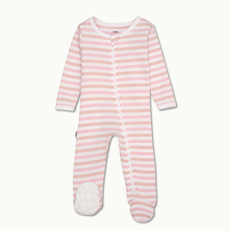 sleep wear pajama in rose pink stripe front view showing signature foot gripper #color_rose pink stripe