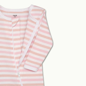 zoomed in on front view of pajama protective chin zipper guard with zipper opened in rose pink stripe #color_rose pink stripe