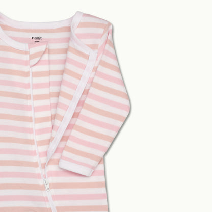 zoomed in on front view of pajama protective chin zipper guard with zipper opened in rose pink stripe 