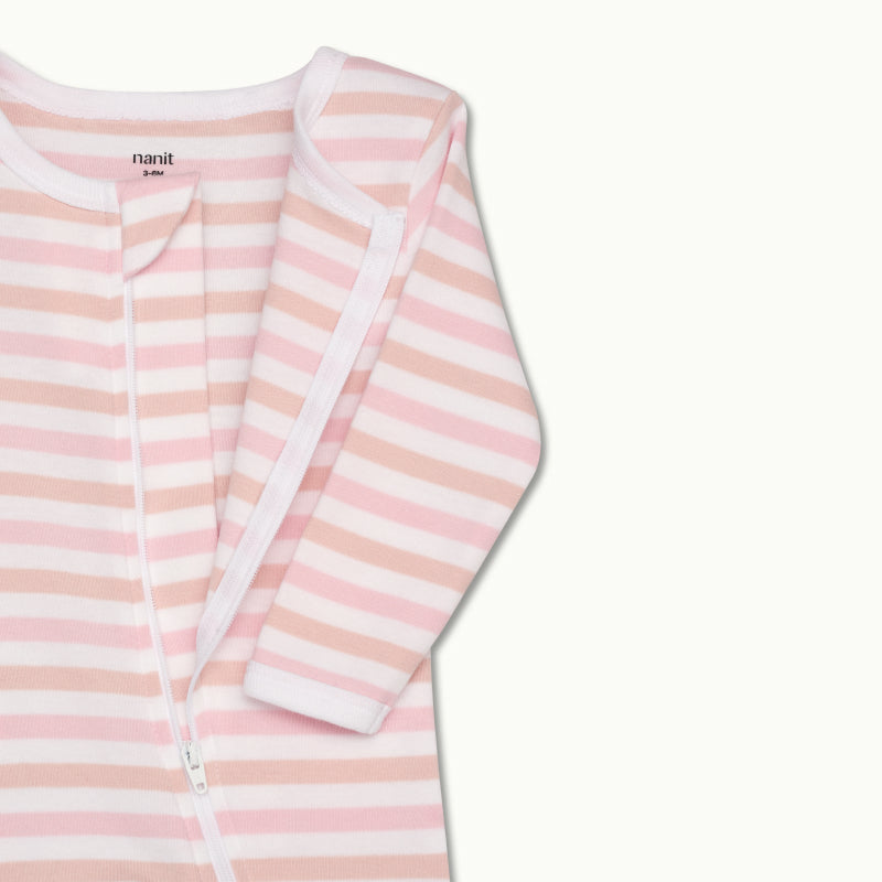 zoomed in on front view of pajama protective chin zipper guard with zipper opened in rose pink stripe #color_rose pink stripe