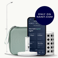 Image of nanit pro camera and floor stand, green travel case, gray breathing band, flex stand, and nanit app showing dashboard #mount_floor stand #color_yellow