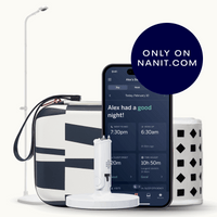 nanit pro camera floor stand, abstract stripe travel case, gray breathing band, flex stand, and nanit app showing dashboard #mount_floor stand #color_yellow