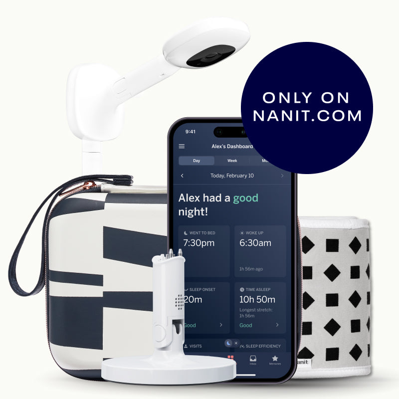 nanit pro camera wall mount, abstract stripe travel case, gray breathing band, flex stand, and nanit app #mount_wall mount #color_abstract stripe