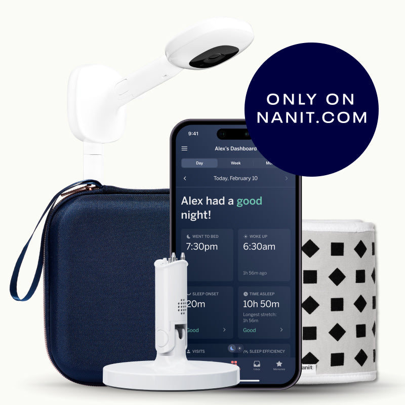 nanit pro camera wall mount, blue travel case, gray breathing band, flex stand, and nanit app #mount_wall mount #color_blue