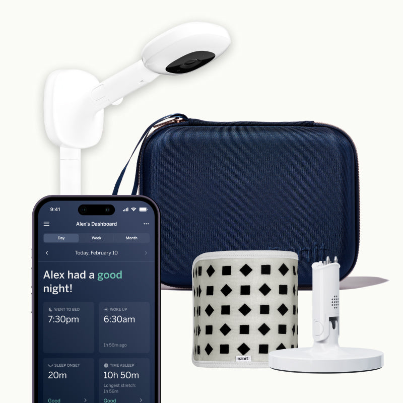 nanit pro camera wall mount, blue travel case, gray breathing band, flex stand, and nanit app #mount_wall mount #color_blue
