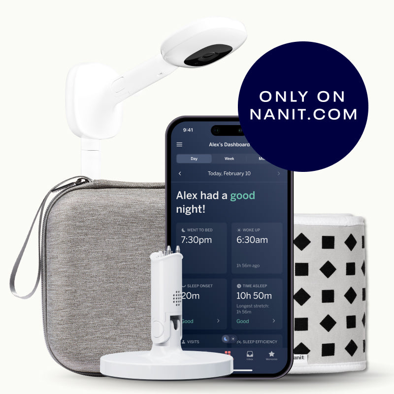 nanit pro camera wall mount, gray travel case, gray breathing band, flex stand, and nanit app #mount_wall mount #color_gray