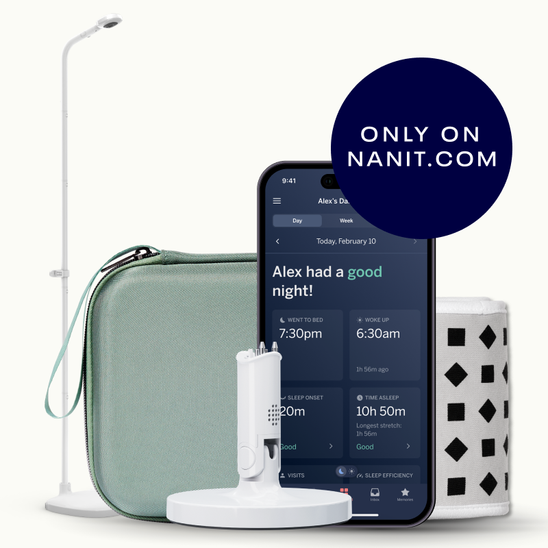 nanit pro camera and floor stand, green travel case, gray breathing band, flex stand, and nanit app showing dashboard #mount_floor stand #color_green