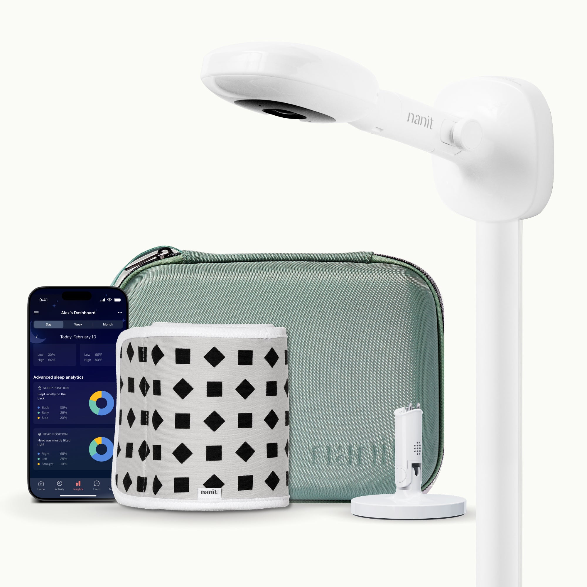 nanit pro camera wall mount, green travel case, gray breathing band, flex stand, and nanit app #mount_wall mount #color_yellow