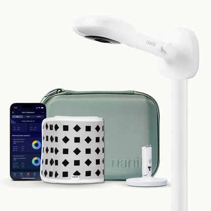 nanit pro camera wall mount, green travel case, gray breathing band, flex stand, and nanit app 