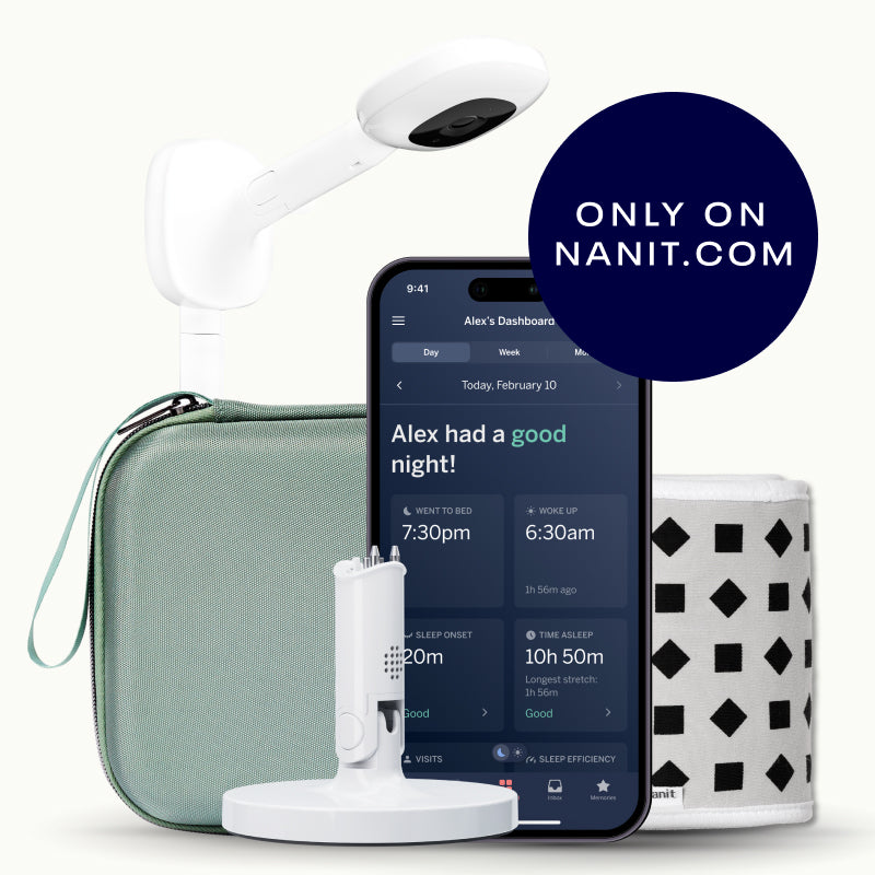 nanit pro camera wall mount, green travel case, gray breathing band, flex stand, and nanit app #mount_wall mount #color_green