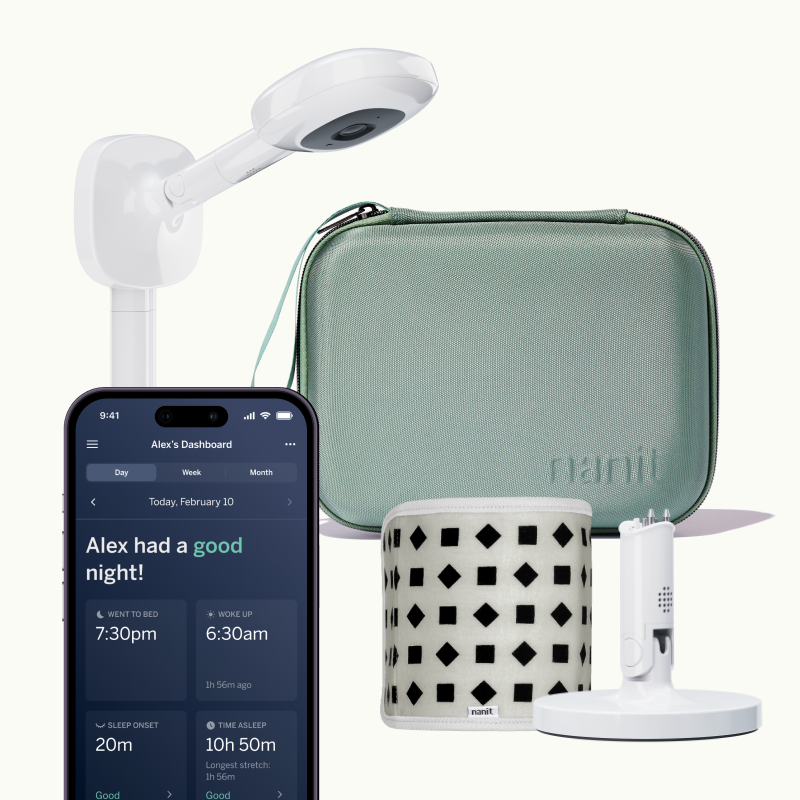 nanit pro camera wall mount, green travel case, gray breathing band, flex stand, and nanit app #mount_wall mount #color_green