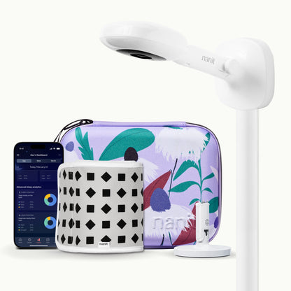 nanit pro camera wall mount, purple floral travel case, gray breathing band, flex stand, and nanit app 