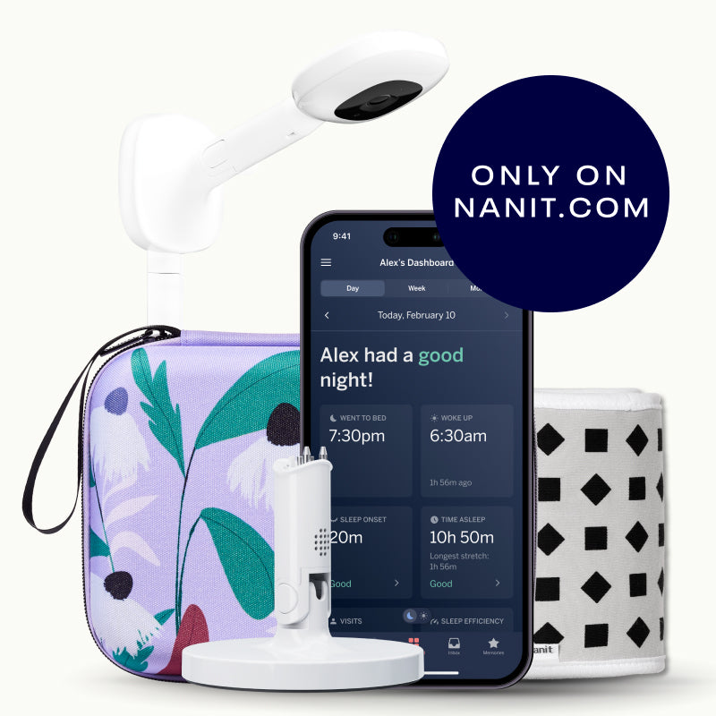 nanit pro camera wall mount, purple floral travel case, gray breathing band, flex stand, and nanit app #mount_wall mount #color_yellow