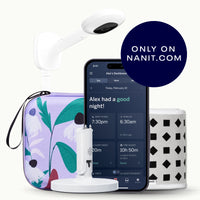 nanit pro camera wall mount, purple floral travel case, gray breathing band, flex stand, and nanit app #mount_wall mount #color_yellow