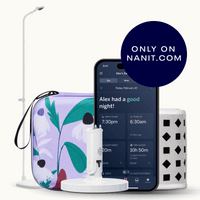 nanit pro camera floor stand, purple floral travel case, gray breathing band, flex stand, and nanit app showing dashboard #mount_floor stand #color_yellow