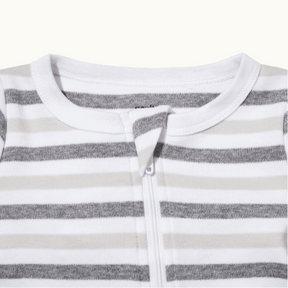zoomed in on front view of pajama protective chin zipper guard in bold stripe #color_bold stripe