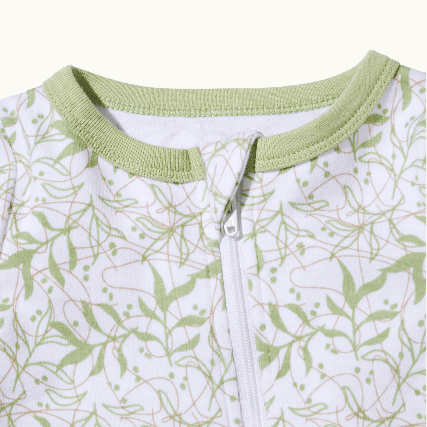 zoomed in on front view of pajama protective chin zipper guard in leafy canopy #color_leafy canopy