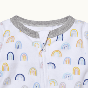 zoomed in on front view of pajama protective chin zipper guard in sweet rainbows #color_sweet rainbows