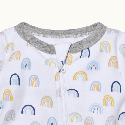 zoomed in on front view of pajama protective chin zipper guard in sweet rainbows 