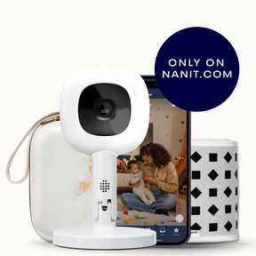 marble travel case, phone showing nanit app, Nanit Pro Camera + Flex Stand, Breathing Band #color_marble