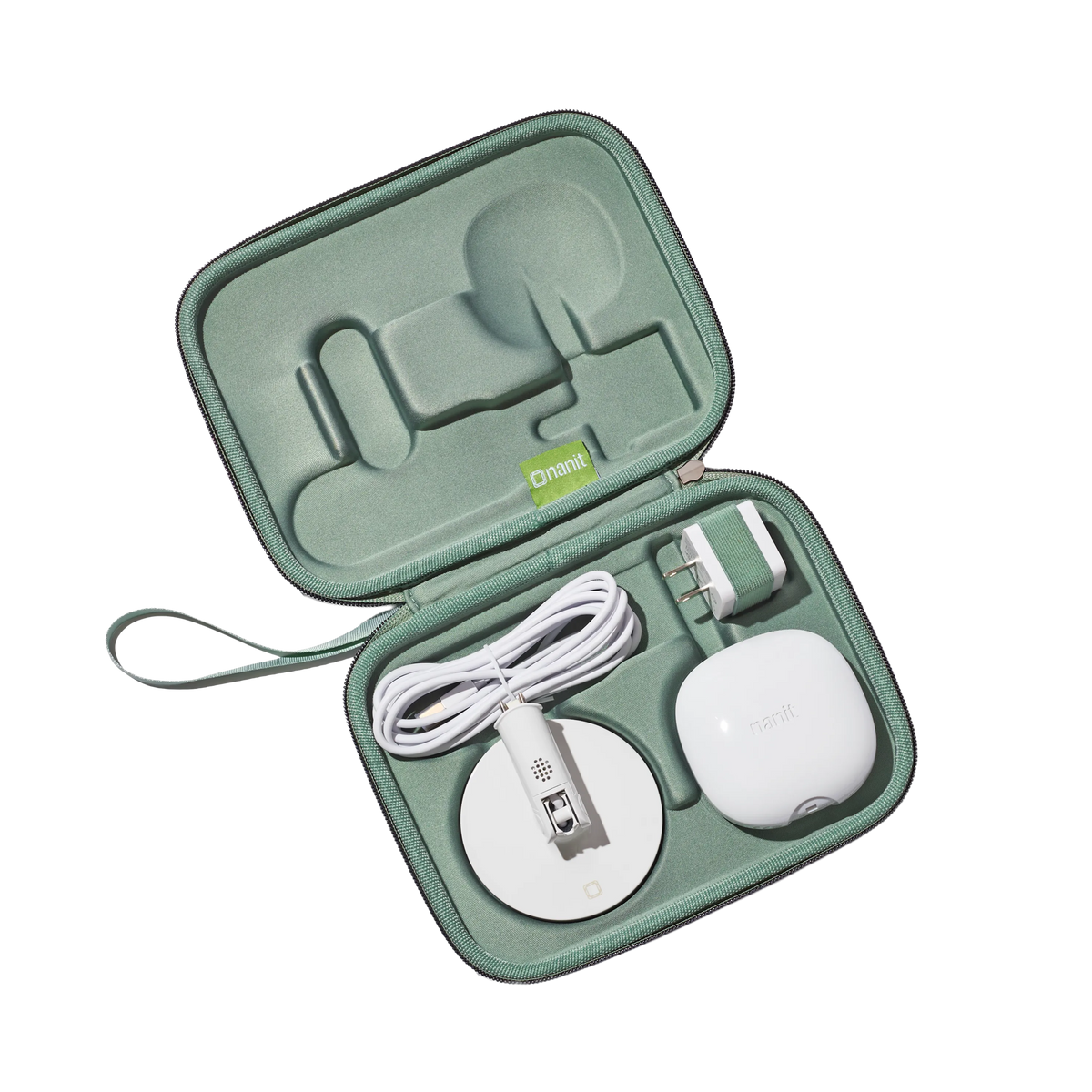 inside nanit travel case in green with nanit pro camera, flex stand, and power adapter #color_green