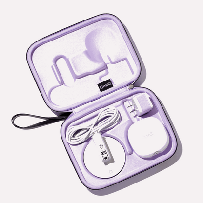 inside nanit travel case in purple floral with nanit pro camera, flex stand, and power adapter 