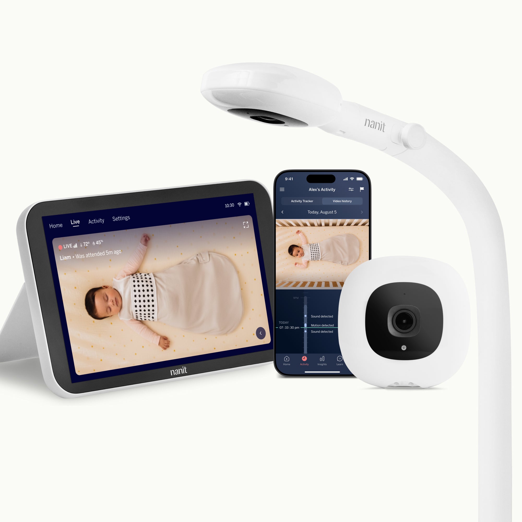 Nanit baby monitor system with floor s stand, home screen showing live screen, camera, and smartphone with live screen on nanit app #complete your setup_Camera + 8" Display #mount_floor stand
