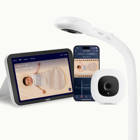 Nanit baby monitor system with floor s stand, home screen showing live screen, camera, and smartphone with live screen on nanit app #complete your setup_Camera + 8" Display #mount_floor stand