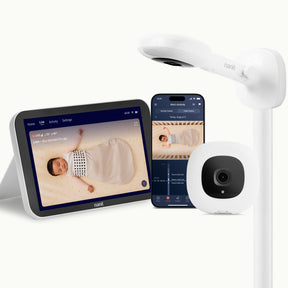 Nanit baby monitor system with wall mount, home screen showing live screen, camera, and smartphone with live screen on nanit app #mount_wall mount #complete your setup_Camera + 8" Display