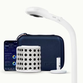 Image of nanit pro camera floor stand, blue travel case, gray breathing band, flex stand, and nanit app showing dashboard #mount_floor stand #color_blue