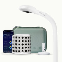 Image of nanit pro camera and floor stand, green travel case, gray breathing band, flex stand, and nanit app showing dashboard #mount_floor stand #color_green
