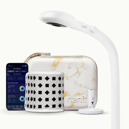 nanit pro camera floor stand, marble travel case, gray breathing band, flex stand, and nanit app showing dashboard 