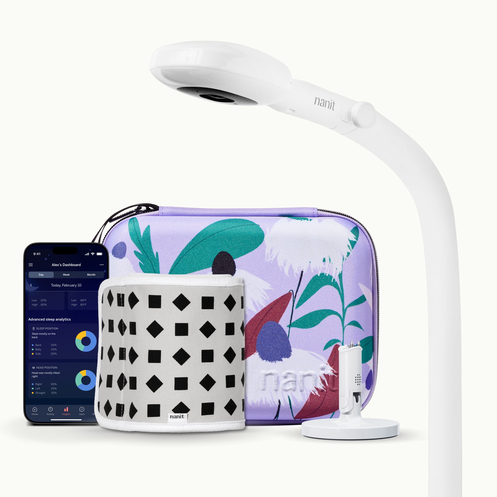 nanit pro camera floor stand, purple floral travel case, gray breathing band, flex stand, and nanit app showing dashboard #mount_floor stand #color_purple floral