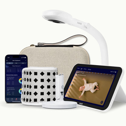 nanit camera floor stand, two-toned canvas travel case, gray breathing band, flex stand, home display, and nanit app 