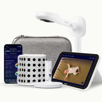 nanit camera wall mount, gray travel case, gray breathing band, flex stand, home display, and nanit app 