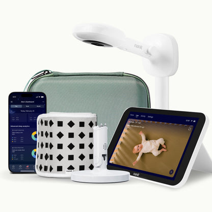 nanit camera wall mount, green travel case, gray breathing band, flex stand, home display, and nanit app 