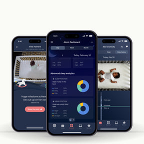 Three phones showing Nanit app screenshots with dashboard, video history, and milestone achievement #insights_milestones