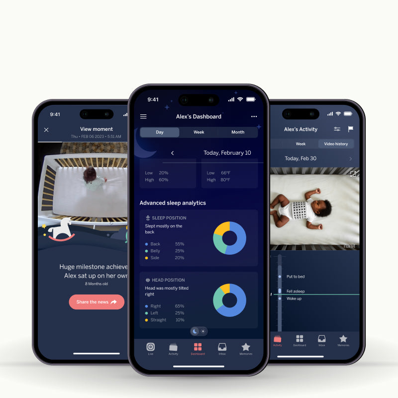 Three phones showing Nanit app screenshots with dashboard, video history, and milestone achievement #insights_milestones