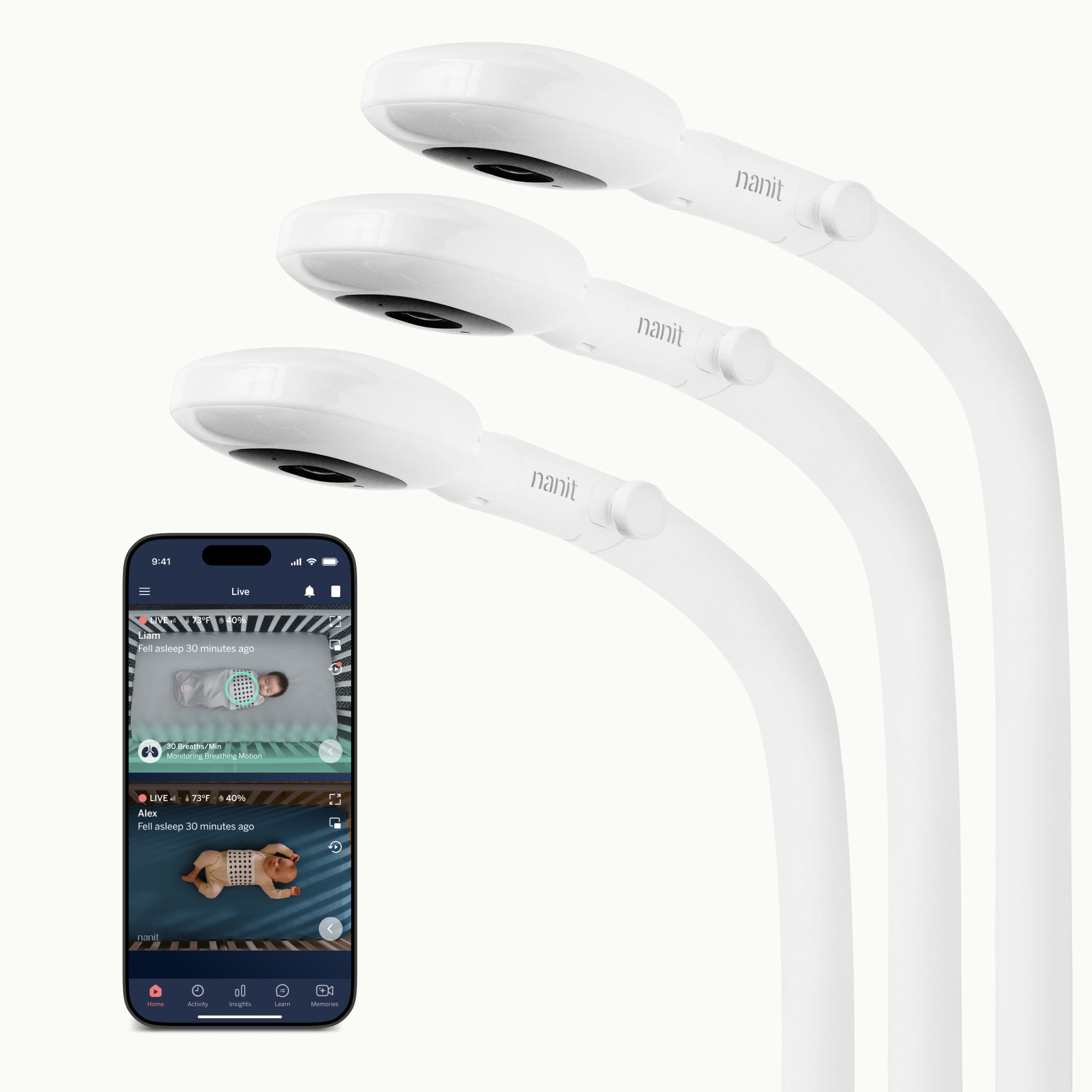  three nanit pro camera + floor stand showing nanit app on split screen view #mount_floor stand