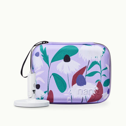 nanit flex stand and nanit purple floral travel case 