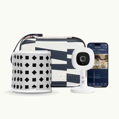 abstract stripe travel case, phone showing nanit app, Nanit Pro Camera + Flex Stand, Breathing Band 