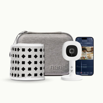 gray travel case, phone showing nanit app, Nanit Pro Camera + Flex Stand, Breathing Band 