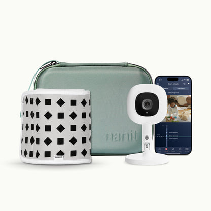 green travel case, phone showing nanit app, Nanit Pro Camera + Flex Stand, Breathing Band 