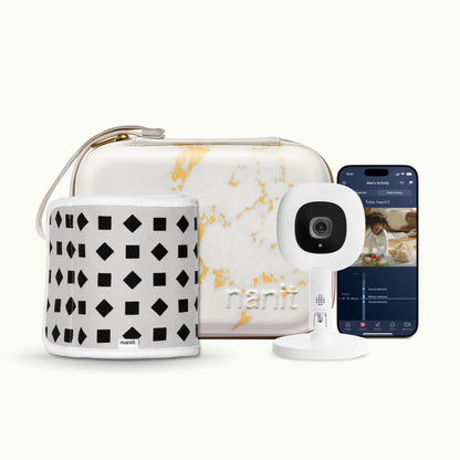 marble travel case, phone showing nanit app, Nanit Pro Camera + Flex Stand, Breathing Band 