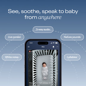 see, soothe, speak to baby from anywhere including white noise, live screen, 2-way audio, nature sounds, lullabies, and showing screenshot of baby in crib through nanit app