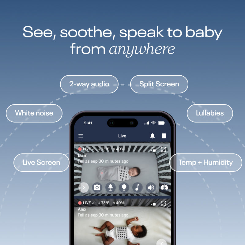 see, soothe, speak to baby from anywhere including white noise, live screen, 2-way audio, nature sounds, lullabies, and showing screenshot of baby in crib through nanit app