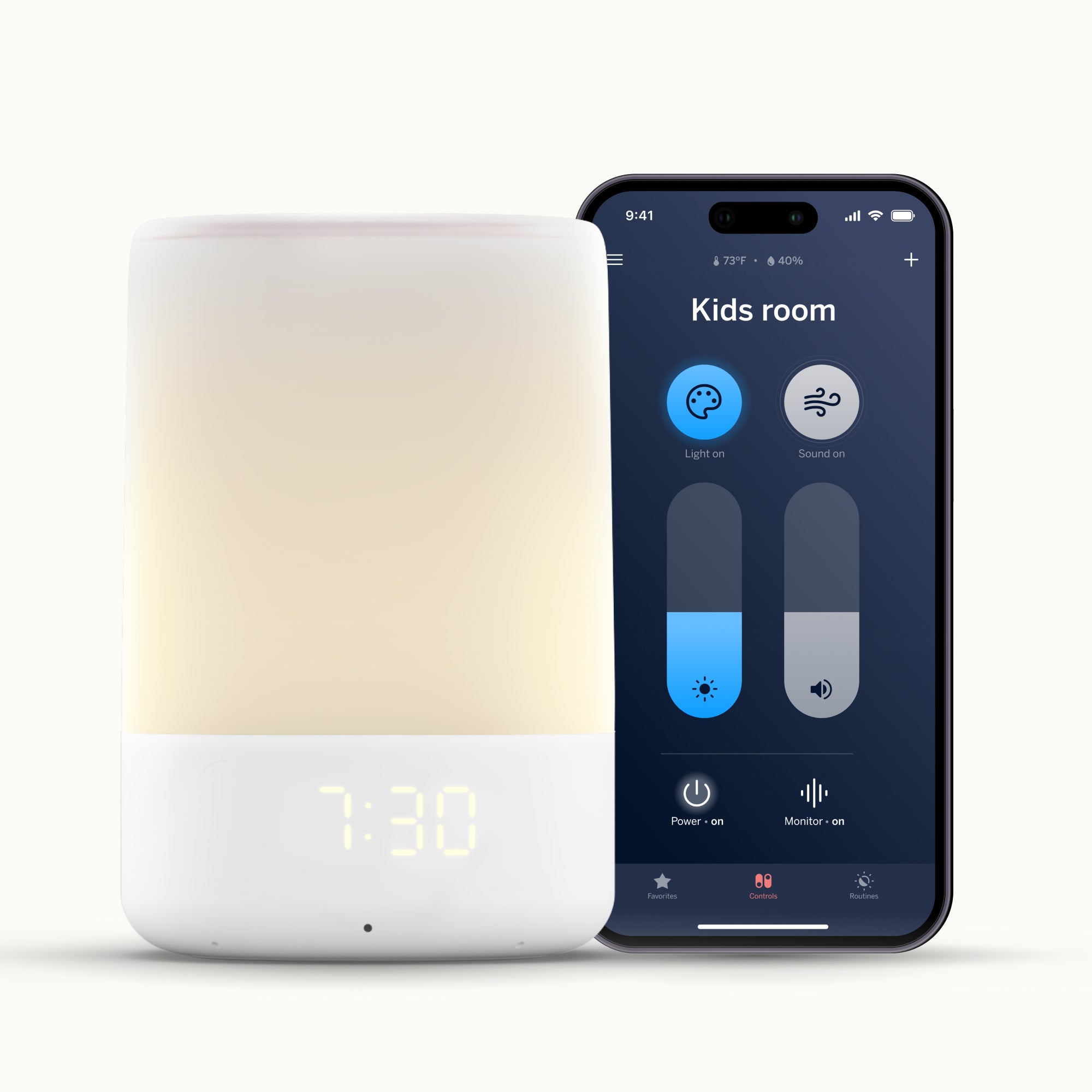 Nanit Sound + Light Machine next to Nanit Sound + Light App showing light and sound control on phone