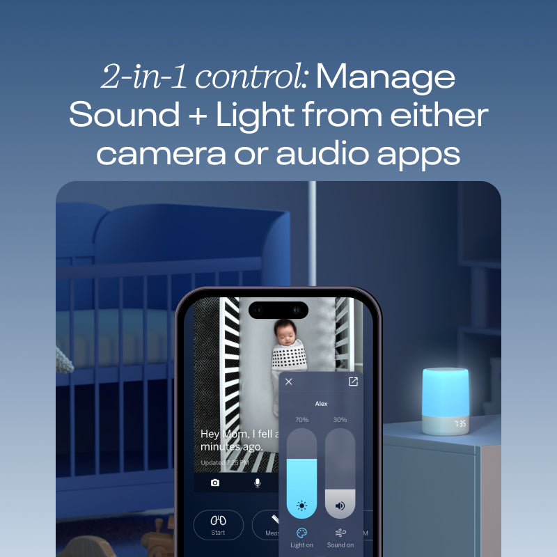 2-in-1 control: manage sound + light from either camera or audio app - showing controls for Sound + Light on nanit app