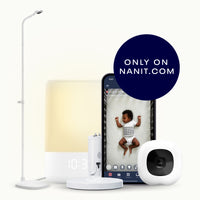 Smart home devices including a Sound + Light, phone, and Pro Baby Monitor + Floor Stand, and Flex Stand on a white background