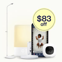 Smart home devices including a Sound + Light, phone, and Pro Baby Monitor + Floor Stand, and Flex Stand on a white background with "save up to $83" dotwhack
